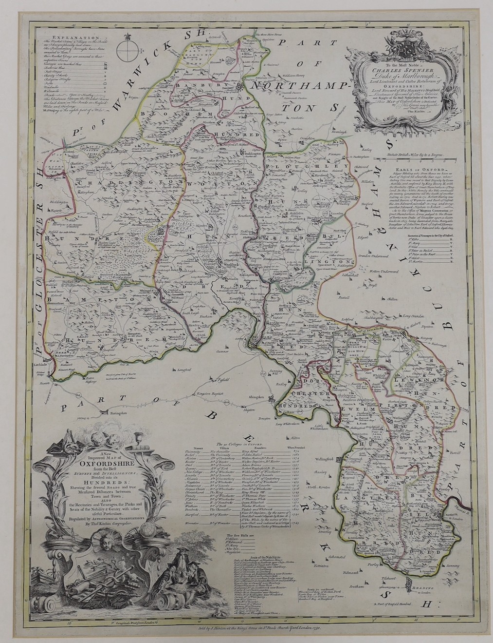 Thomas Kitchin, coloured engraving, A New and Improved Map of Oxfordshire, sold by J. Hinton, London, 1750, 72 x 54cm